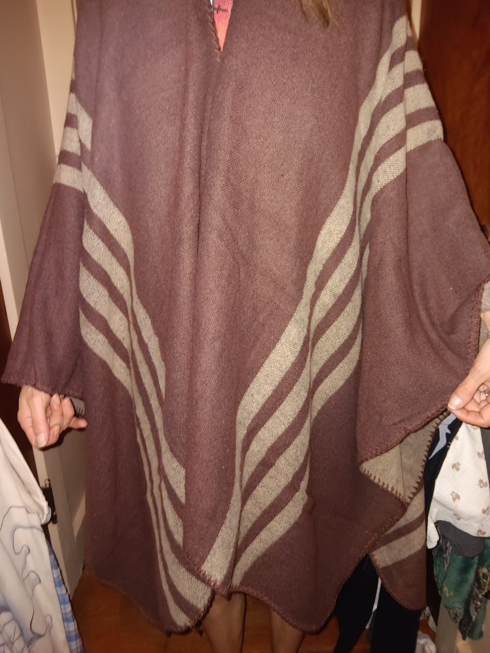 Women's Striped Brown Knit Poncho Wrap